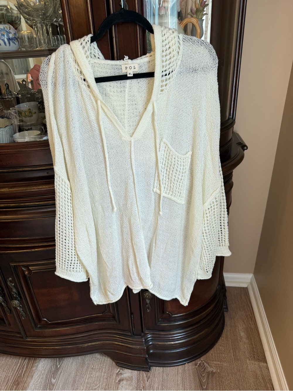 POL Open-Knit Hooded Swim Coverup in Cream